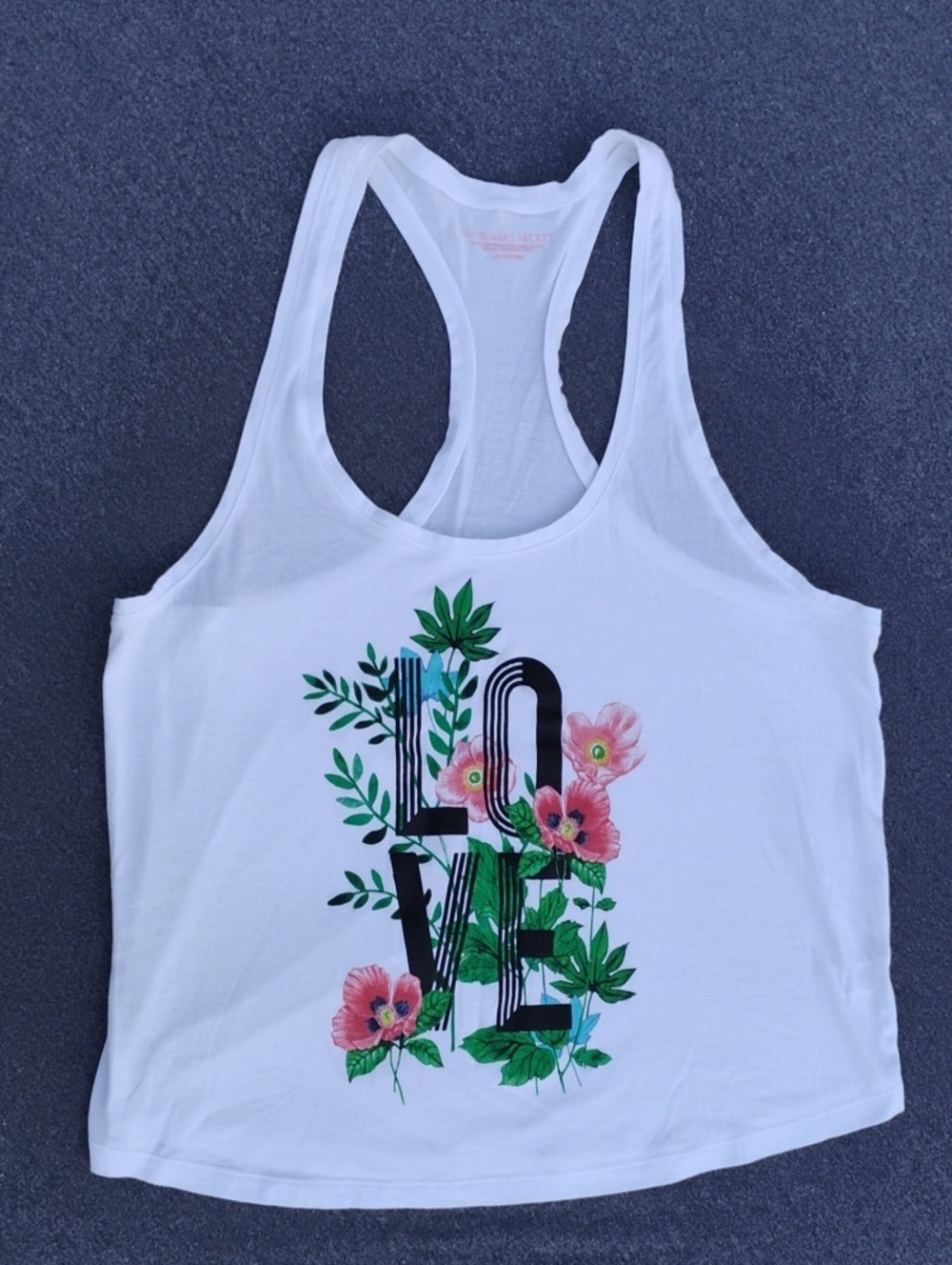 Victoria's Secret White Racerback Tank with Pink Floral LOVE Graphic